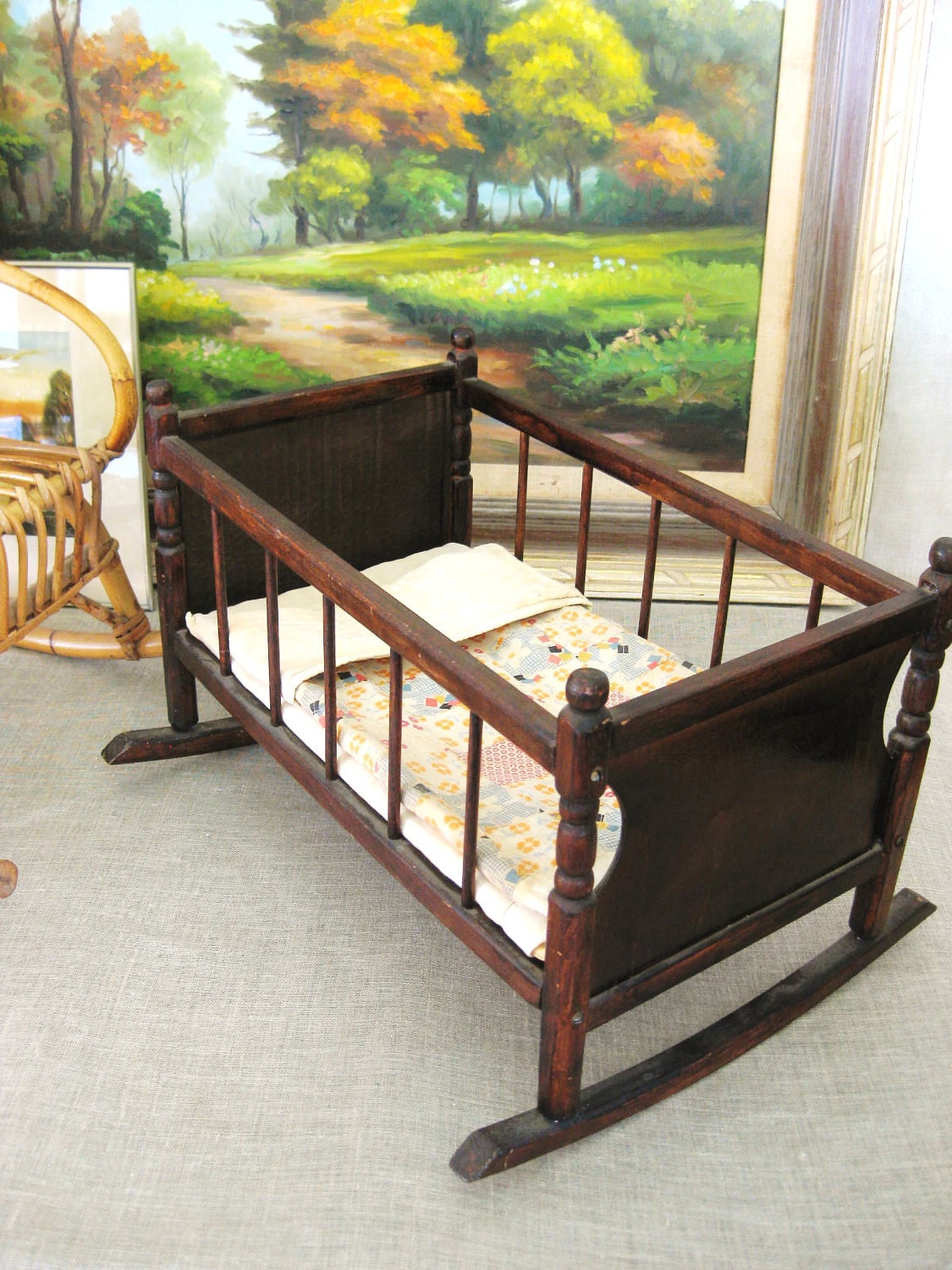 Antique Doll Crib w/ Handmade Doll Quilt- Vintage Child