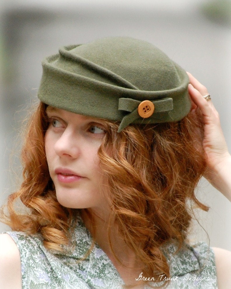 Felt Pillbox Hat Vintage Inspired Earthy Moss Green