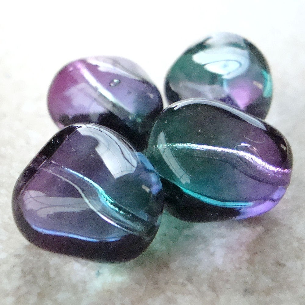 Czech Glass Beads 16 x 14mm Two Tone Green and Purple Smooth Nuggets - 8 Pieces - BeadFrenZ