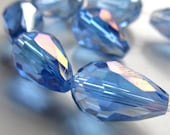 Czech Glass Beads 15 x 10mm Baby Blue Faceted w/ Aurora Borealis Finish Teardrops - (Last 6 Pieces