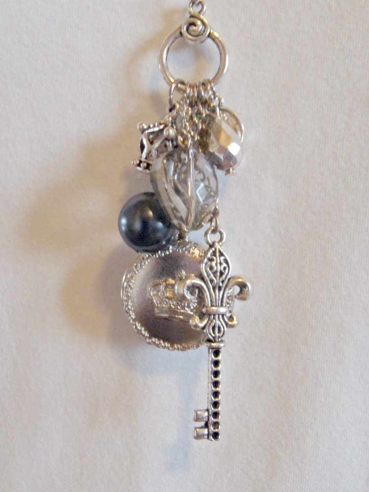 Crown Mini Pocket Watch Cluster Charm Long Chain Necklace in silver black and crystal