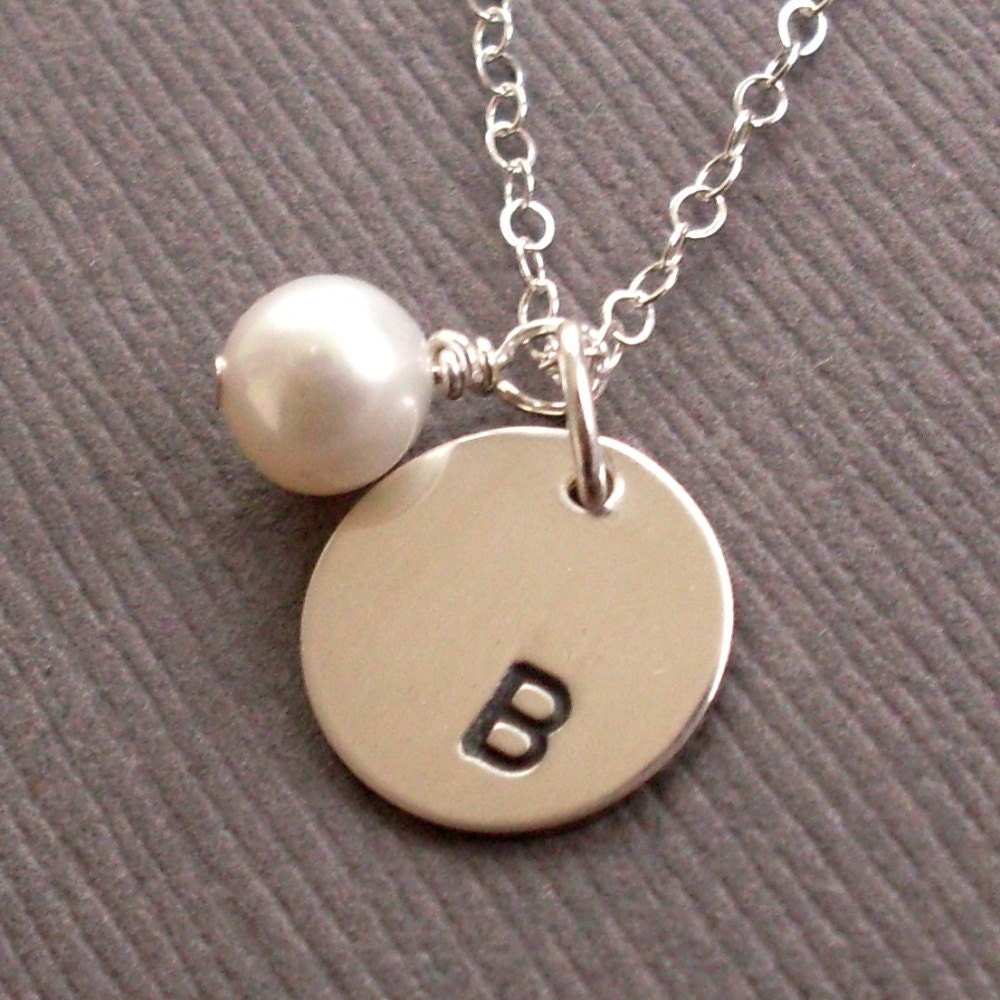 Initial Necklace, Hand Stamped Sterling Silver Disc on Delicate Chain Necklace, Real Natural Fresh Water Pearl, Personalized Bridesmaid Gift