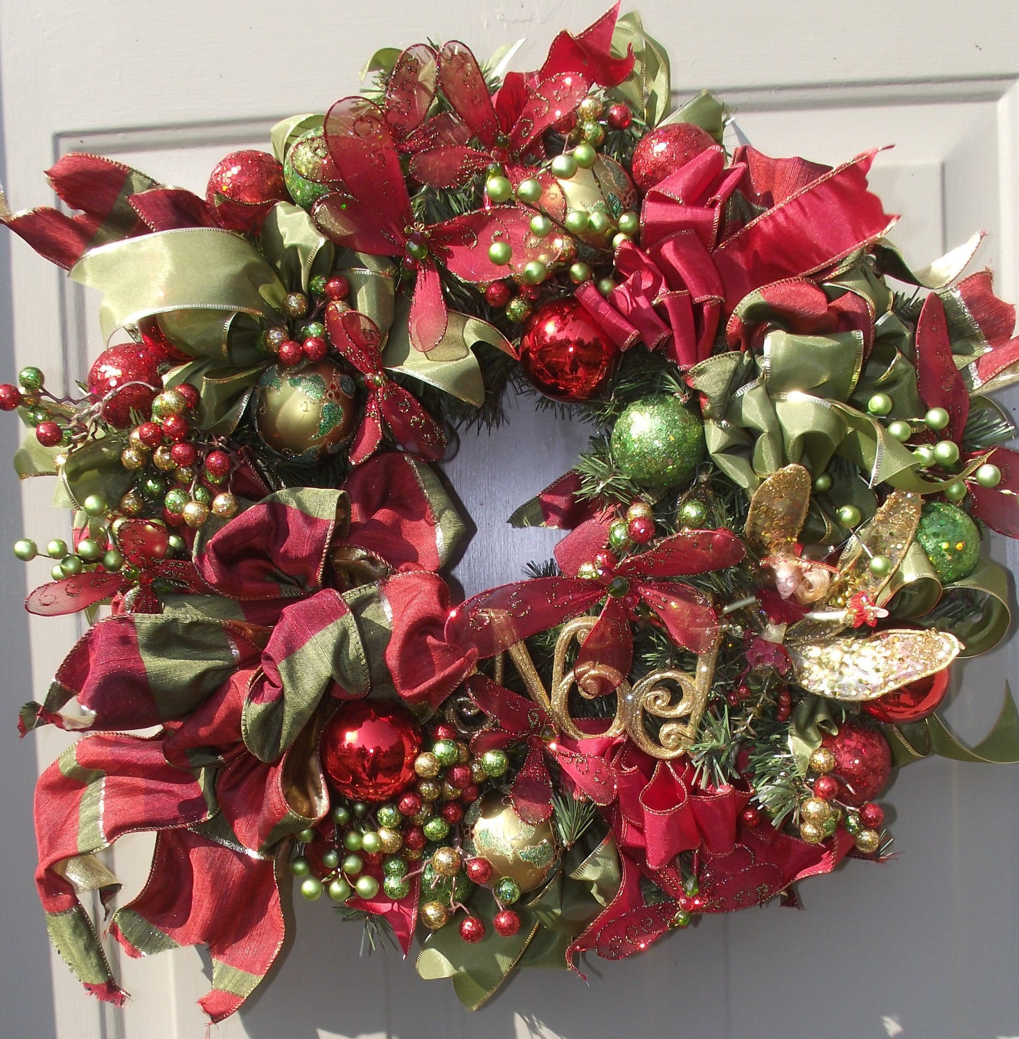 Winter Red and Green Fairies and Dragonflies Noel Door Wreath by English Rose