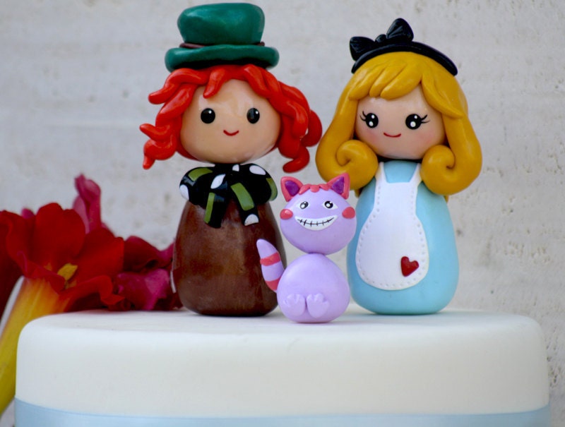 Wedding cake topper Alice Mad Hatter Cheshire Made to order