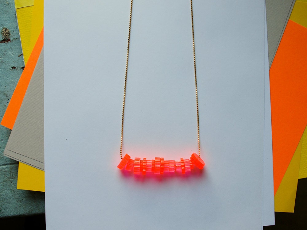 Fluorescent Neon Pink Cog Bead Necklace - Custom Laser Cut Acrylic - Summer Fashion