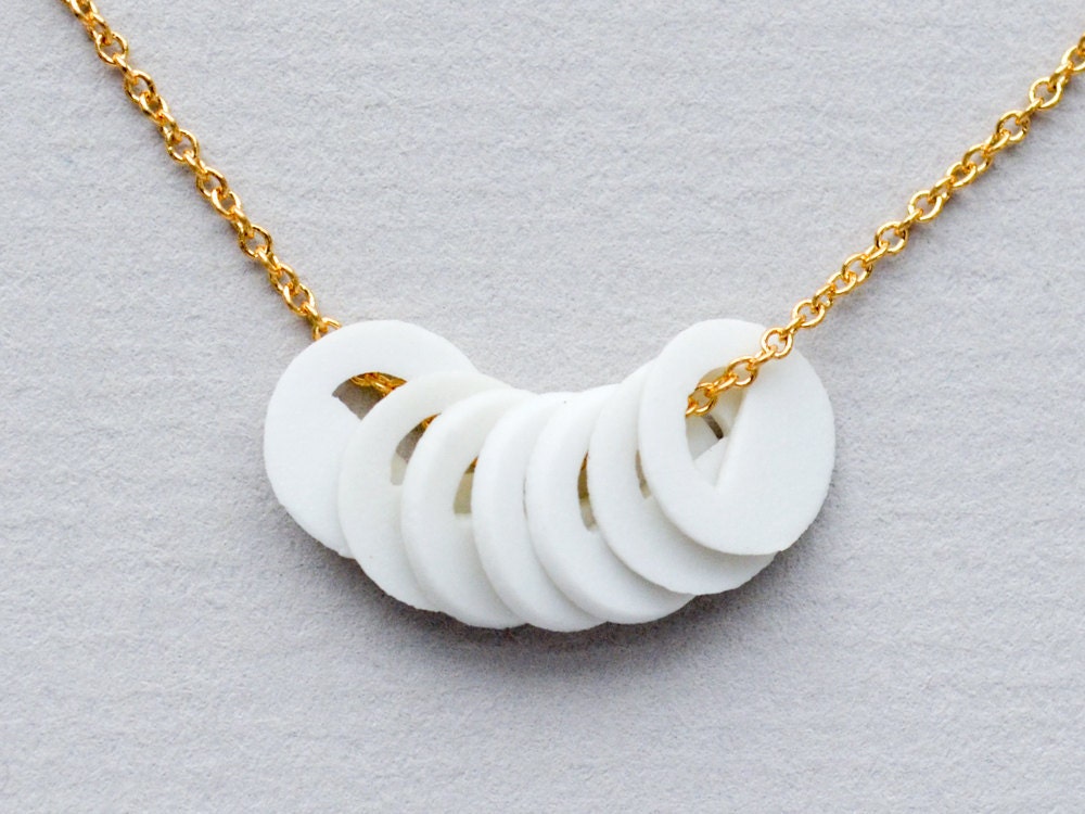 7 White Porcelain Circles on a Gold Chain - Geometric Necklace - Simple Statement