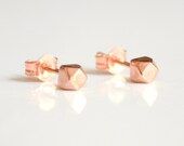 Rose Gold Earring Studs - Faceted Geometric 14k Pink Gold Earrings - Diamond Gemstone Shape