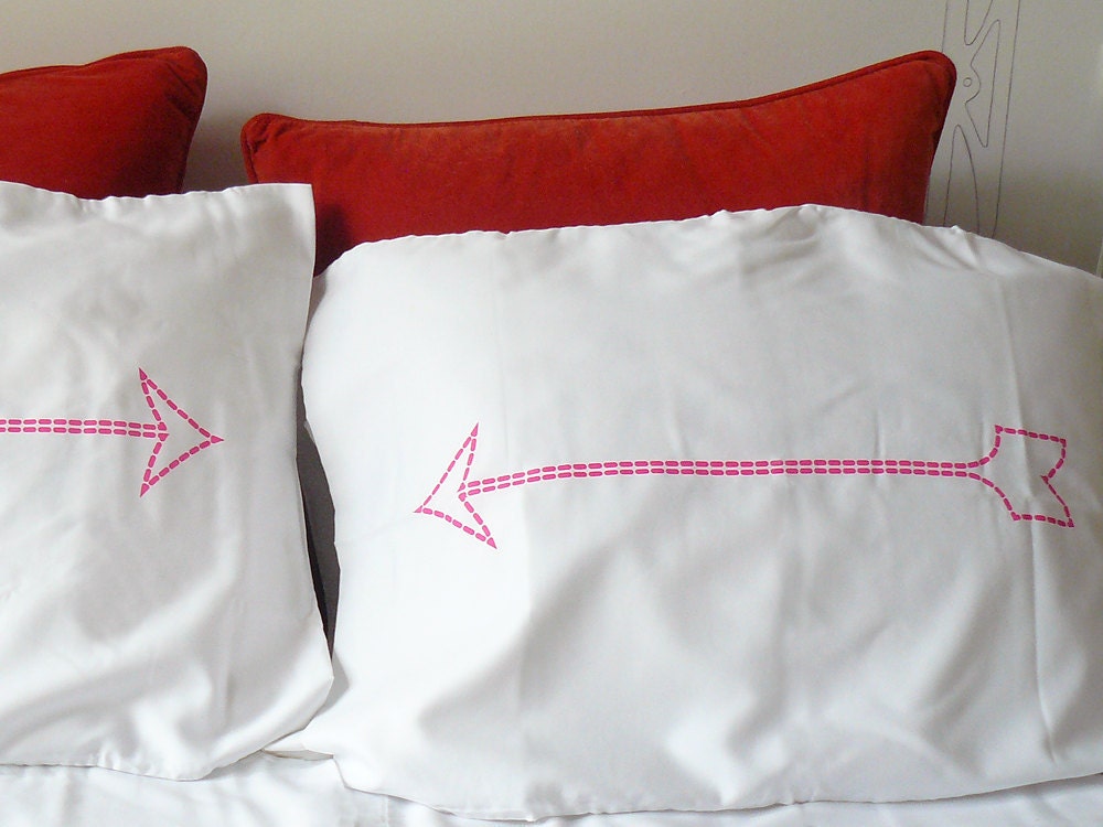 Valentine's Day - Cupid's Arrow - Neon Pink Arrow Pillowcases - Hand Silk Screened White Cotton Bedding