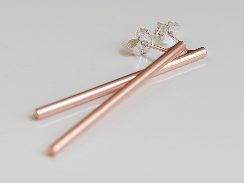 Long Rose Gold Bar Earrings - Elegant Pink Gold Studs - Pink and Silver Earring