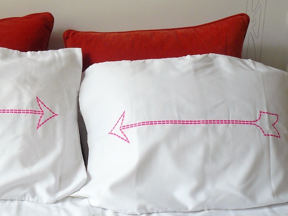 Valentine's Day - Cupid's Arrow - Neon Pink Arrow Pillowcases - Hand Silk Screened White Cotton Bedding