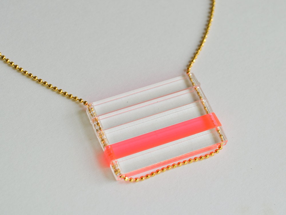 Neon Pink and Clear Thin Stacked Bar Necklace - Lasercut Acrylic - Neon Fall Fashion - Stripes