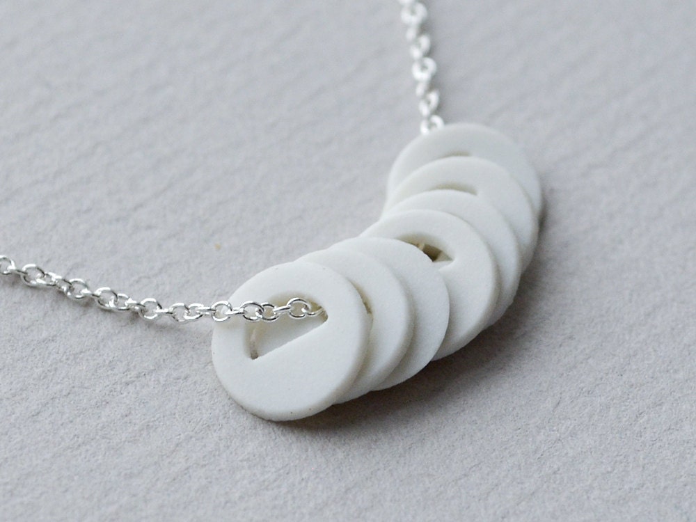 7 White Porcelain Circles Necklace - Sterling Silver Chain - Geometric Simple Statement
