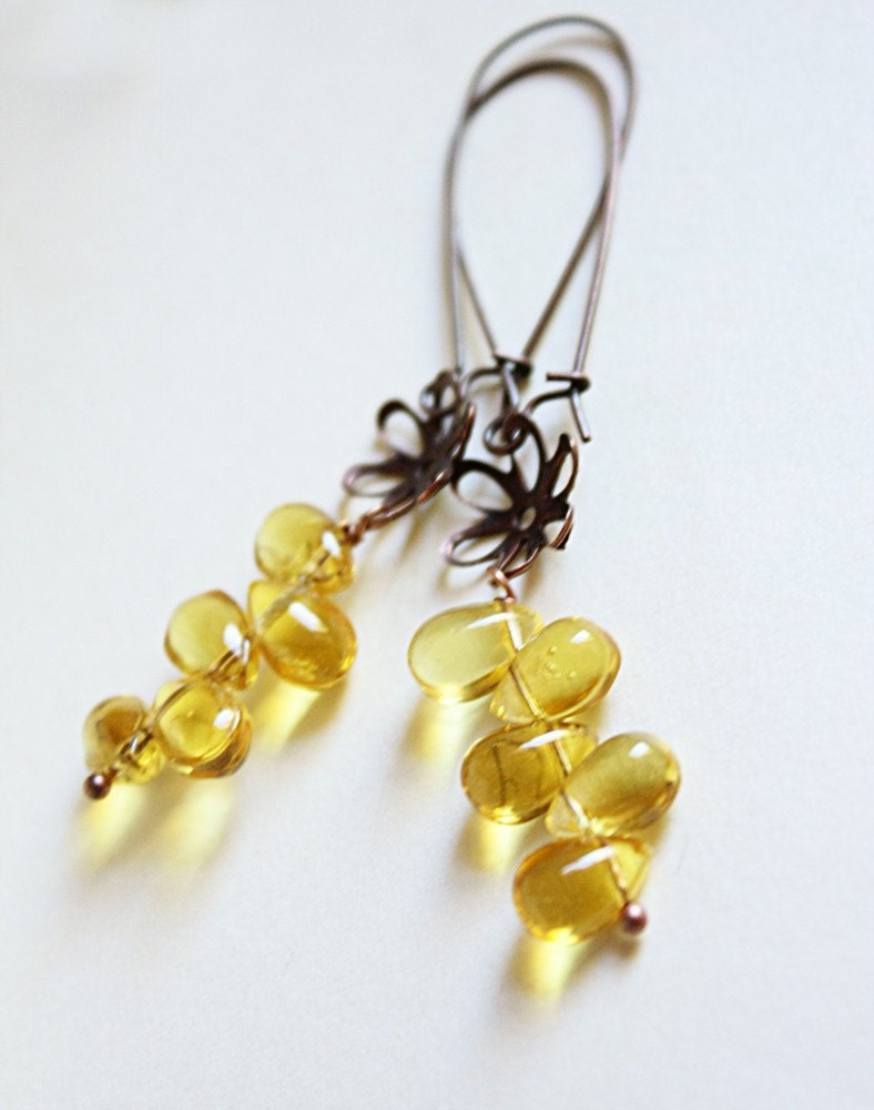 yellow honey earrings - honey drops - glass and copper earrings mustard flowers sun sunny summer