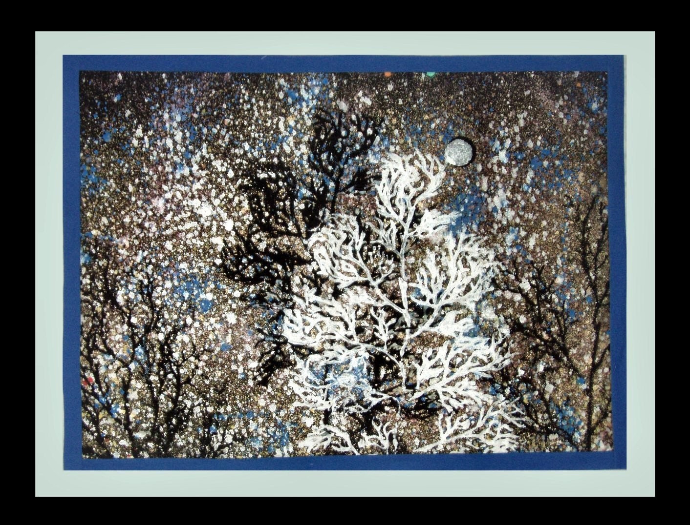Handpainted Winter Fabric Panel -- Blue and White Trees and Moon Painted on Black Fabric Bordered in Blue and Grey