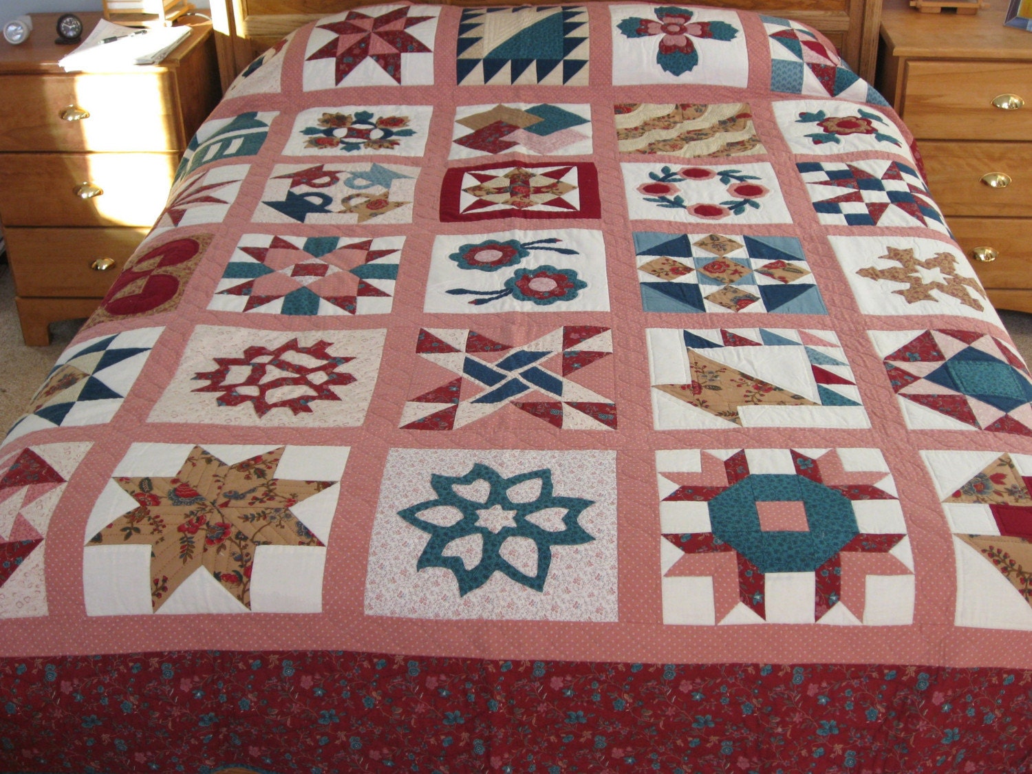 Quilt Maroon Tan and Teal Sampler