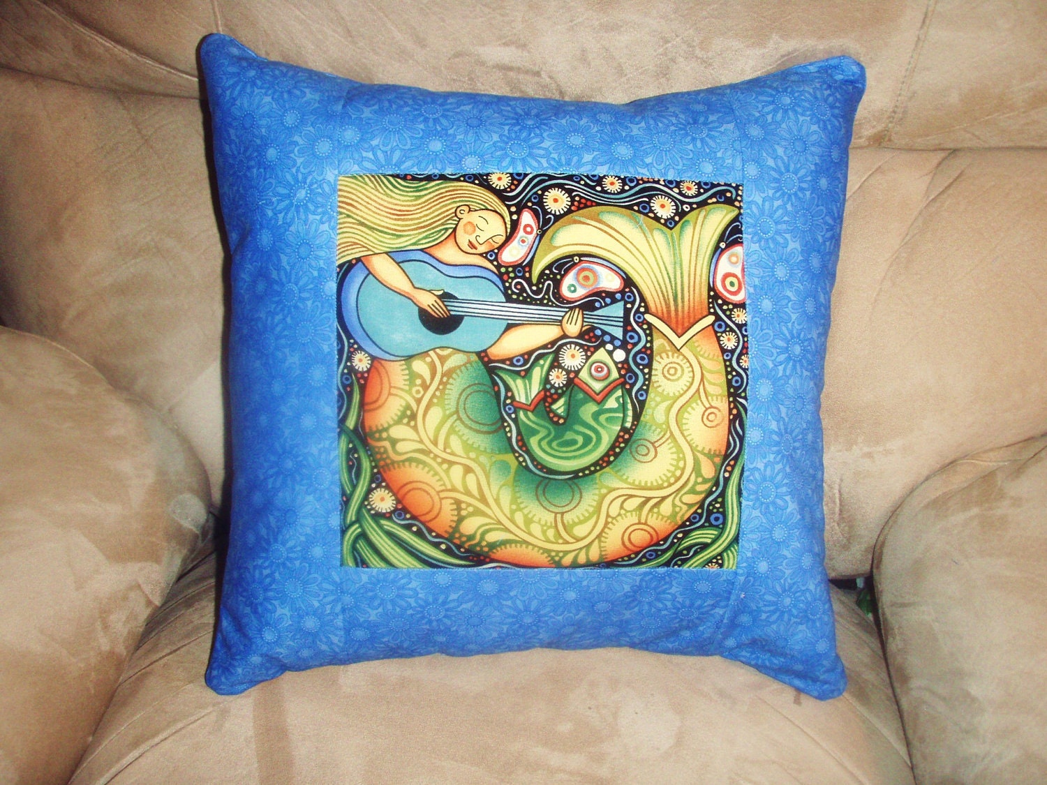 Quilted Pillow Cover Folk Art Guitar Playing Mermaid in Blue, Green, and Gold