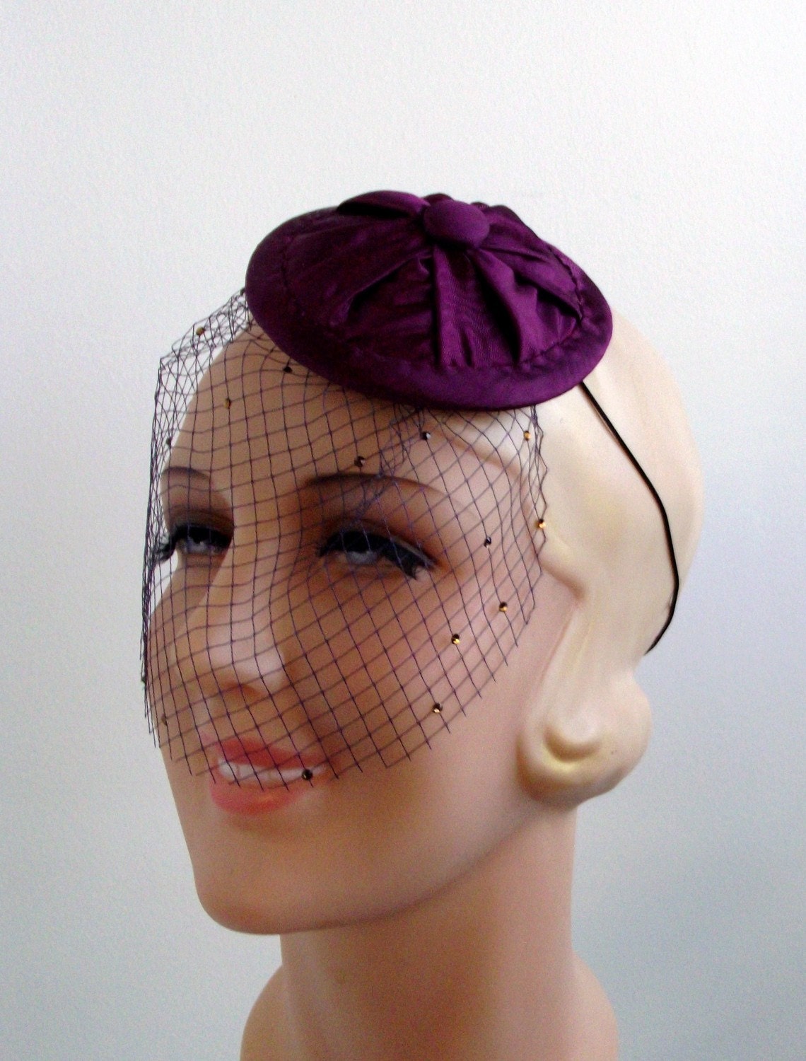 Purple Moire Satin Fascinator Hat with Veil