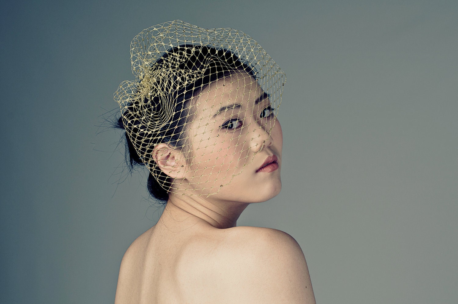 Metallic Gold Birdcage Veil Blusher -rhinestone dotted-