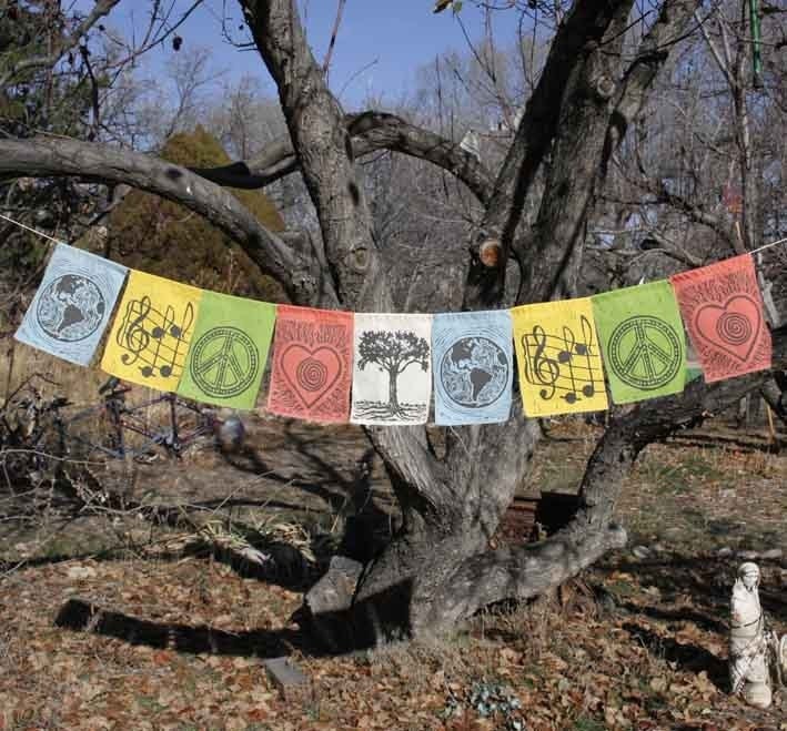 EARTH DAY Earth prayers - nine large prayer flags - peace, love, harmony, trees on Earth