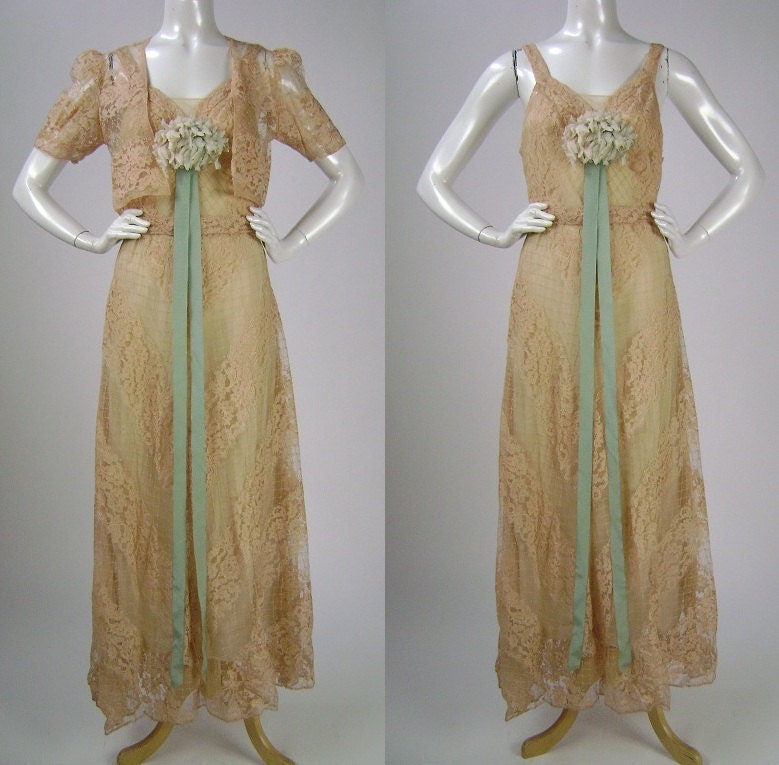 30s Lace Dress / Bolero Jacket / Wedding Dress / Vintage / Pastel Peach / XS B32