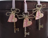 Vintage Skeleton Key Ornaments with Handmade Shabby Chic Clay Love Hearts (Set of 3)