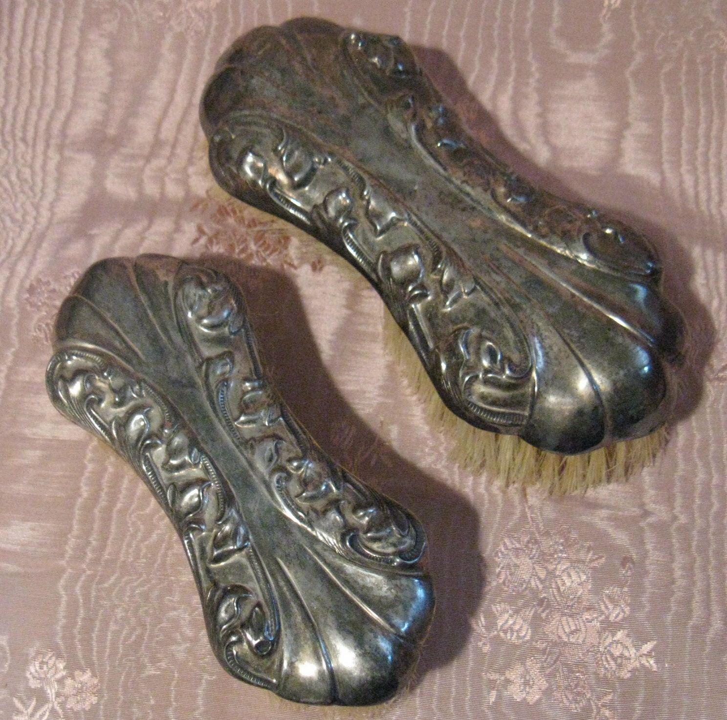 Vintage Art Nouveau Silver Plated Repousse Clothing Brushes, Set of 2