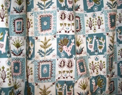 Cute Kitchen Curtains on Vintage 1950s Lined Kitchen Curtains Chicken And Flower Pattern Teal