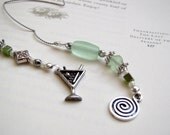 BEADED BOOKMARK Girls' Night Out Martini Cocktail - Jeweled Book Thong in Pale Matte Green Peridot Glass with Pewter Charms