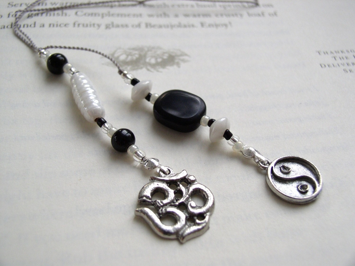 Yin and Yang Zen Bookmark - Beaded Book Thong in Black and White with Pewter Om Charms