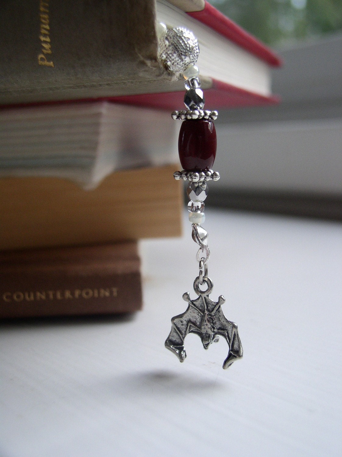 Beaded BOOKMARK - Bat and Skull Jeweled Book Thong - Silver and Garnet Red with Personalized Charms