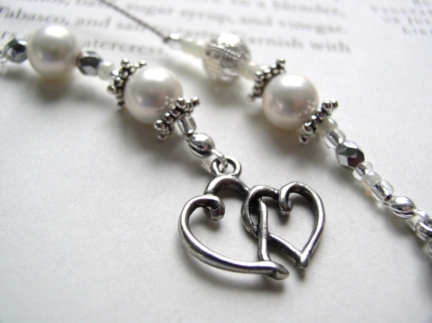 Pearl Bookmark BRIDAL PARTY GIFT or Wedding Favor - Beaded Book Thong in Sterling with Double Hearts Charm
