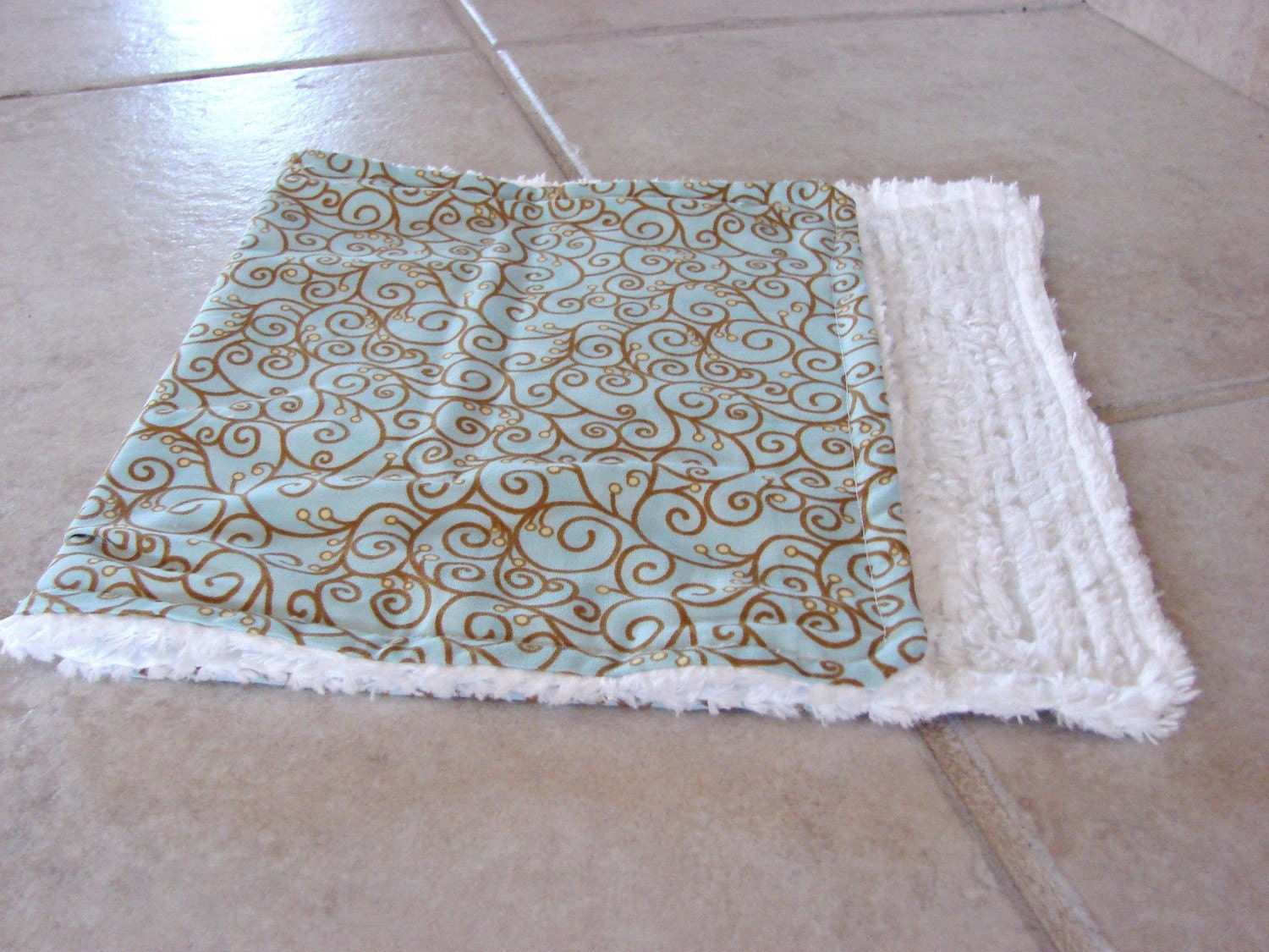 Aqua Blue and Beige Tan Chenille Burp Cloth