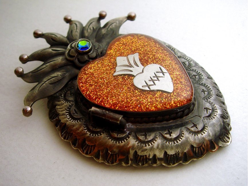 Antiqued Mexican Sacred Heart Locket Pendant with Sacred Heart Milagro, Orange Glitter, Resin, and Swarovski Crystal - Artisan