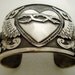 Antiqued Silver Cuff Bracelet with Winged Sacred Heart and Fuchsia Swarovski Crystals - Artisan