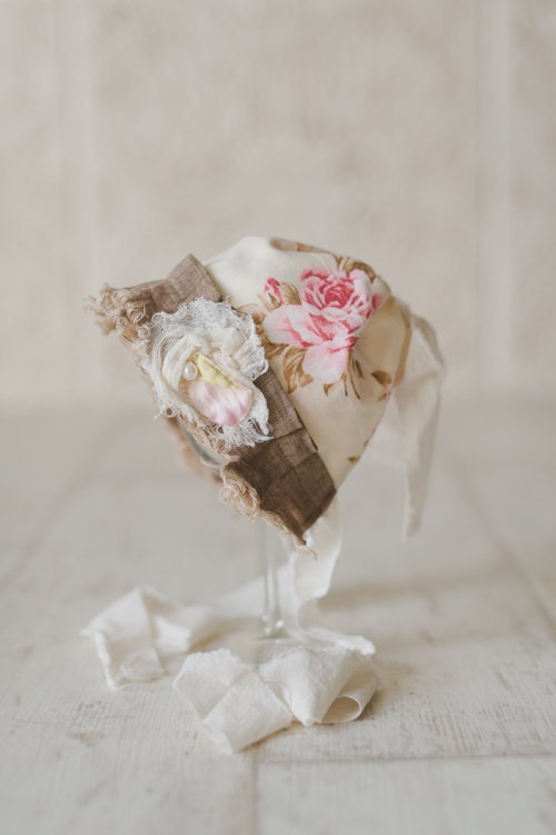 STELLA- Pink and Cream Floral Fabric Baby Bonnet-Vintage Style-Shabby Chic-Baby Girl Newborn Photo Prop