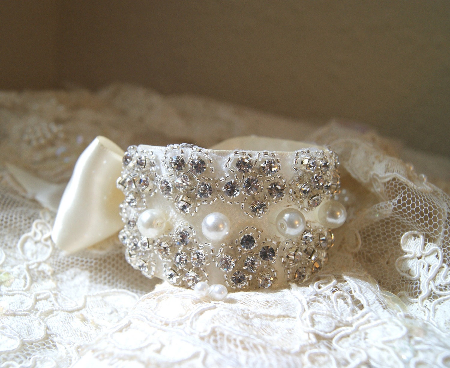 Crystal Bridal Cuff with Pearls in Ivory CRYSTALINE