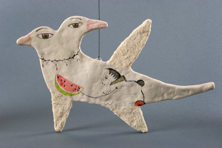 Mixed Media Art Object - Watermelon Story  - Clay and Drawing