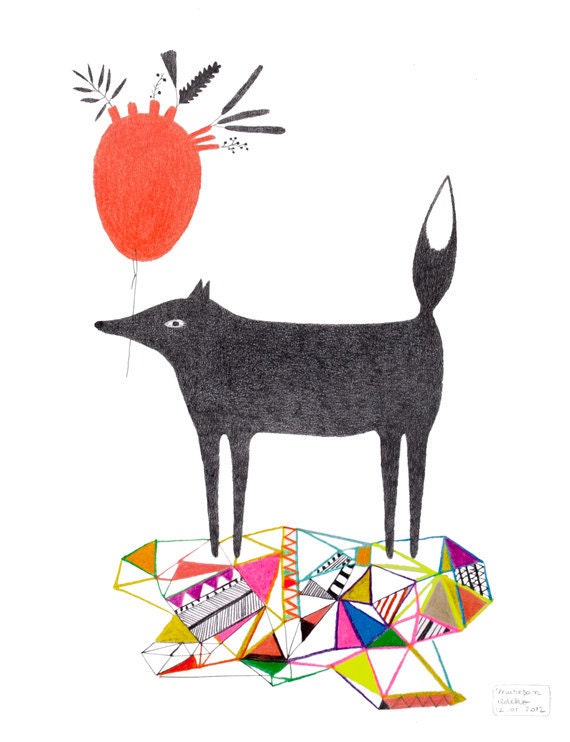 ORIGINAL Dog with a Heart Balloon DRAWING - I Love You