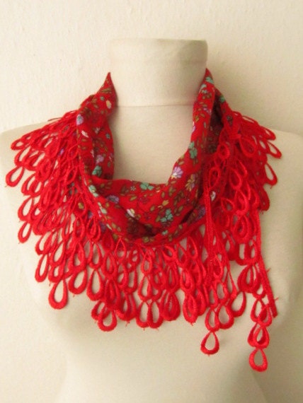 Traditional  Turkish Fabric Fringed RED  Guipure  Scarf-Gift ..shawl,authentic, romantic, elegant, fashion