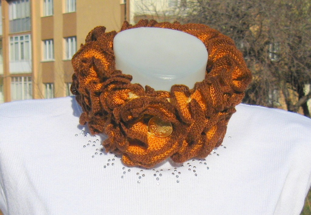 BROWN and ORANGE ruffle elegant neckwarmer.scarf, shawl, knitting, fashion, necktie, shrug, wrap, stole, capelet, black, women, scarflette..