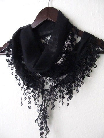 BLACK Turkish Fabric Fringed Guipure Scarf ..bandana,headband,wedding,bridal,authentic, elegant, fashion