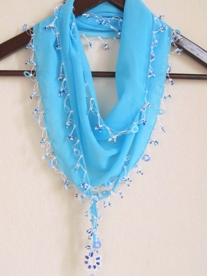 Traditional Turkish AQUA BLUE Oya Scarf,authentic, romantic, elegant, fashion,rose,weddings,bridal,aqua,blue,navy,white,