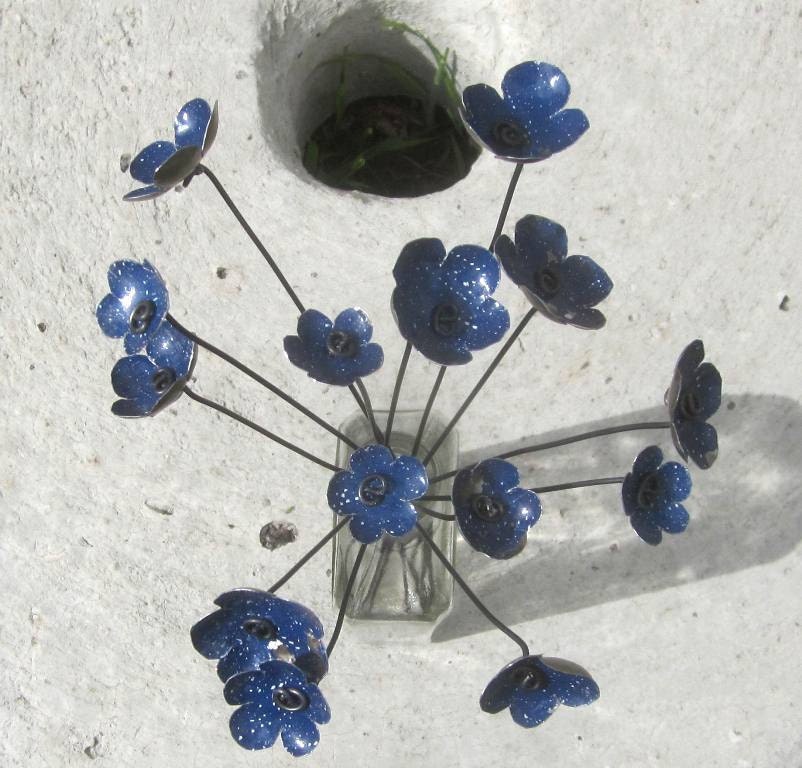 Rustic Blue Metal Blossoms Speckled White Flower Bouquet