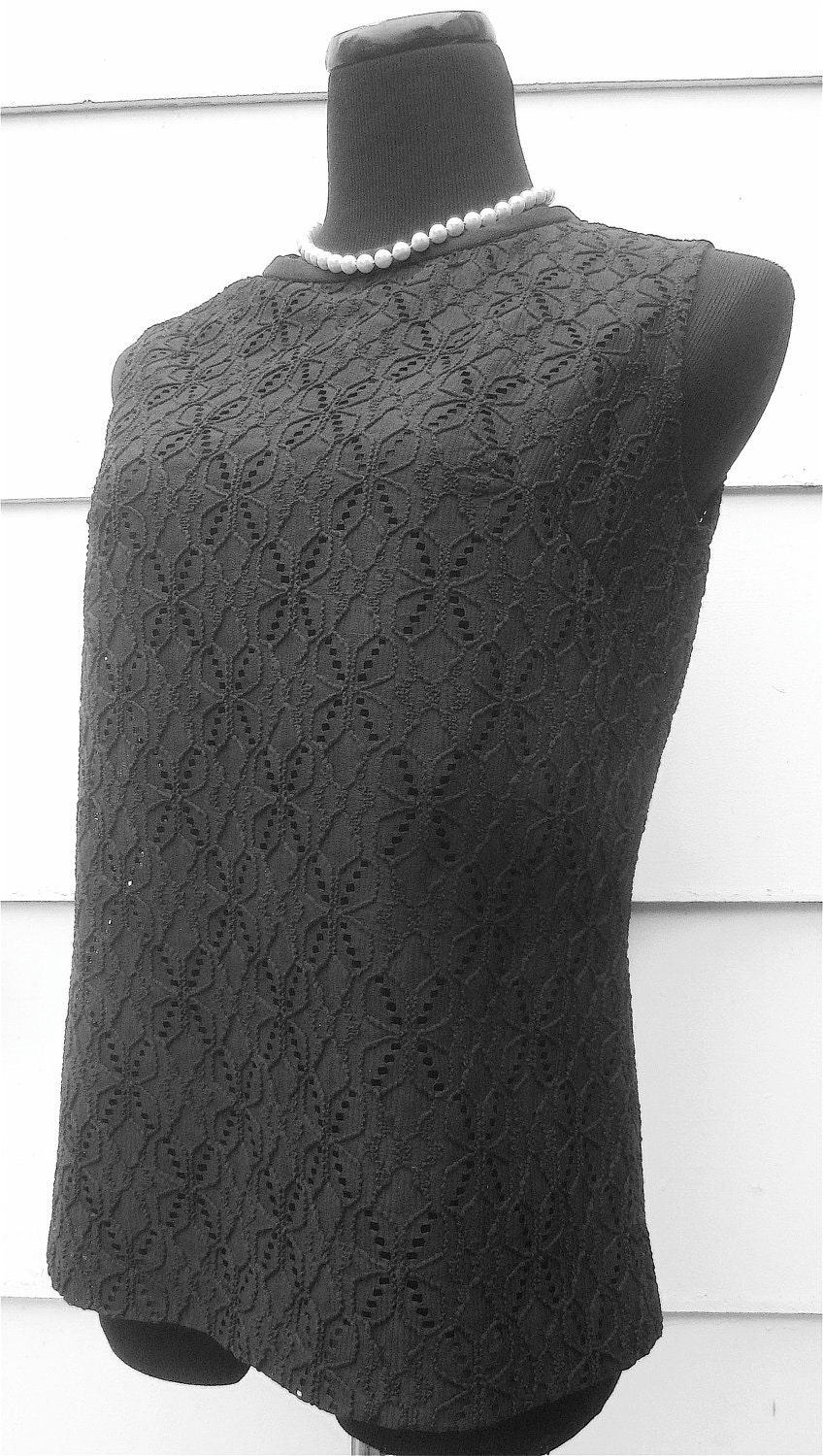 Vintage 1960s Black Lace Peek-A-Boo Sleeveless Blouse Tank Top For Mad Men Gals