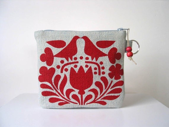Red Scandinavian Print Recycled Denim Changepurse with Key Ring