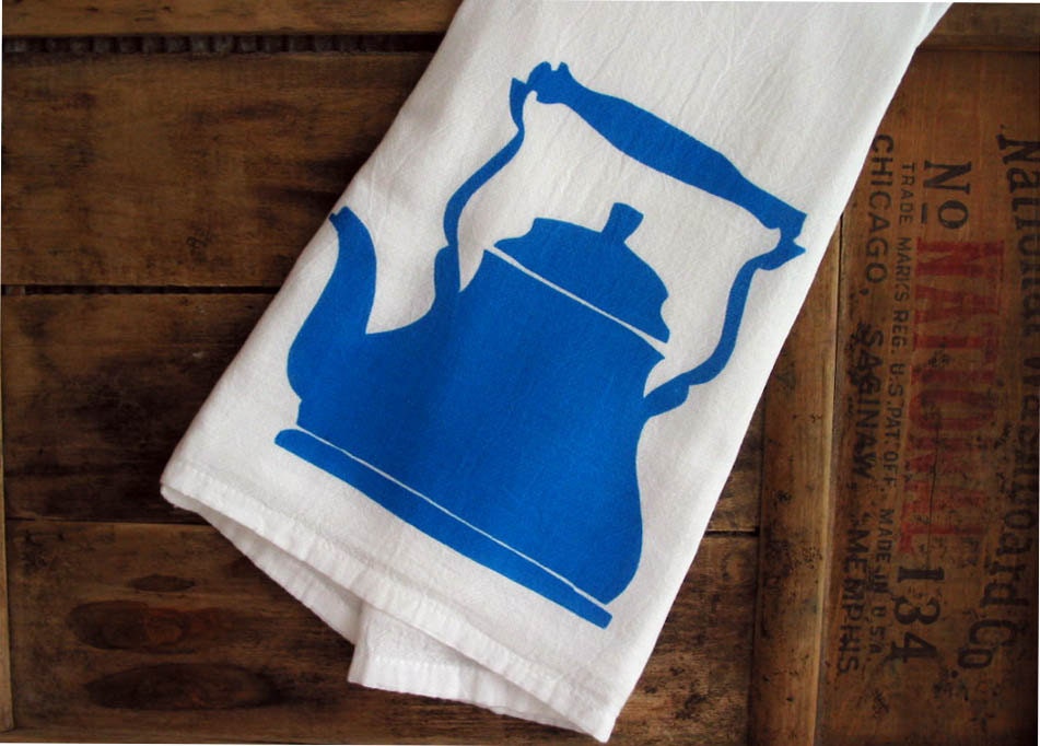 SECONDS SALE Blue Teakettle Screenprint Cotton Kitchen Dishtowel