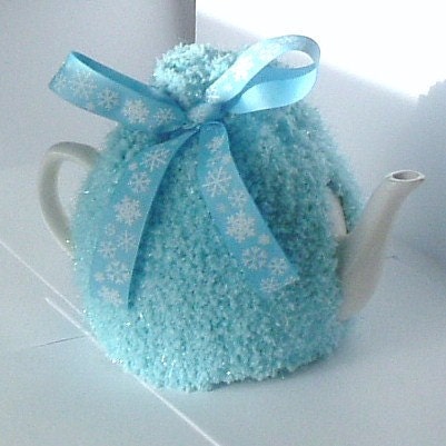Tea Cosy in Pale Blue Sparkly Yarn with Snowflake Ribbon