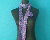 Thin Fashion Scarf with Flower Brooch in pink, purple, emerald green, and blue yarn