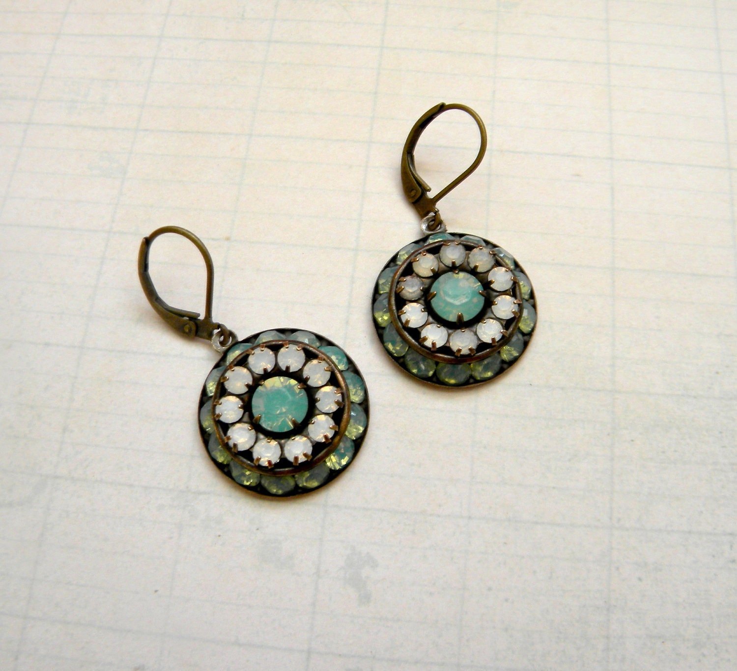 White and Blue Opalite Earrings.  Aged Brass.  Vintage style