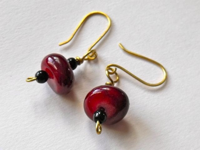 CLEARANCE Deep Red Stone Dangle Earrings in Red Brass